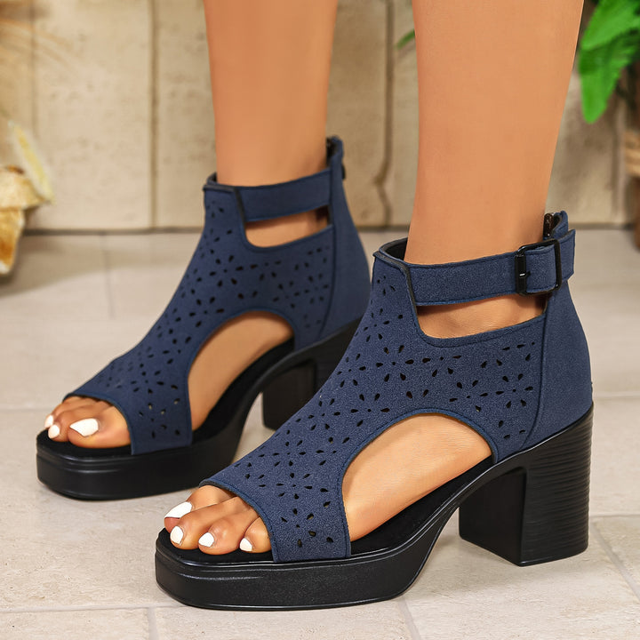 Women  Cut-Out Ankle Sandalette with mid-high block heel and perforated suede imitation Mune Fashion