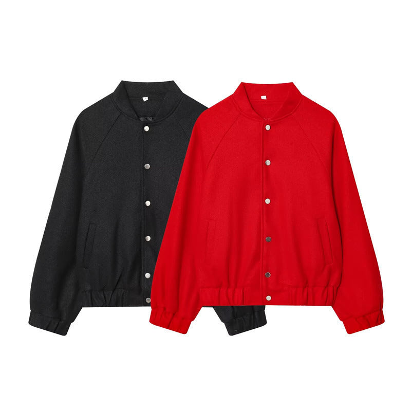Women's Cropped Blouson Jacket in Bomber Style with Stand-up Collar, Press Stud Placket and Tailored Elastic Band Mune Fashion