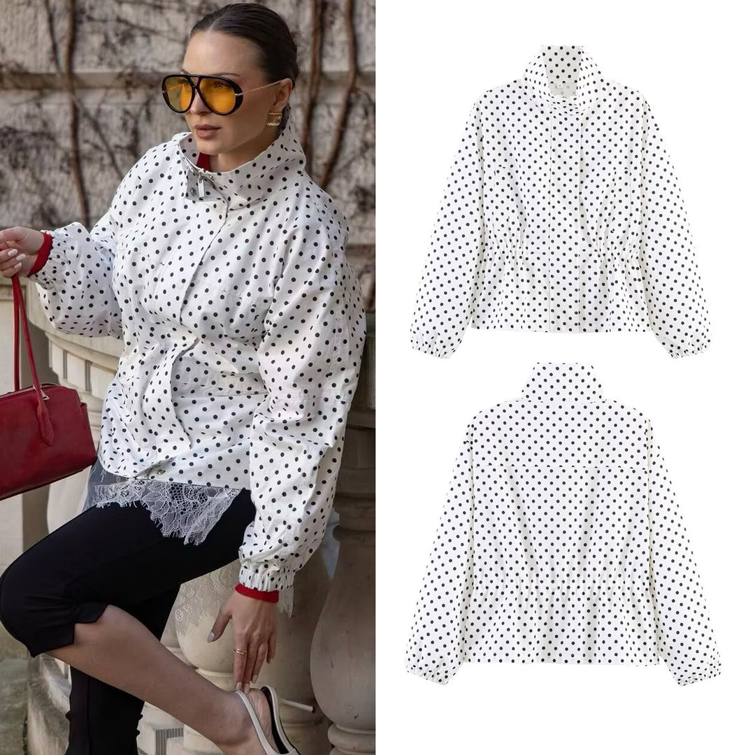 Women Lightweight Polka Dot Rain Jacket with Waist Drawstring Mune Fashion