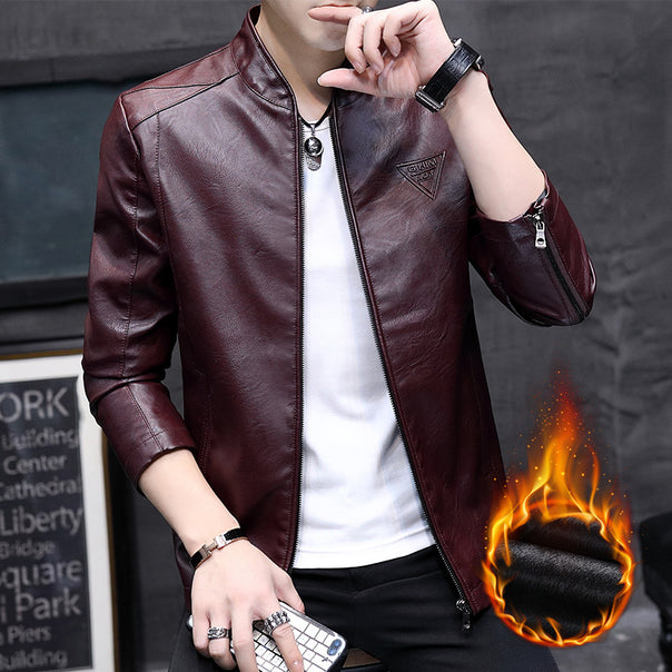 Men's Slim-Fit Faux Leather Moto Jacket with Stand Collar, Zipper Sleeves, and Minimalist Logo Application Mune Fashion