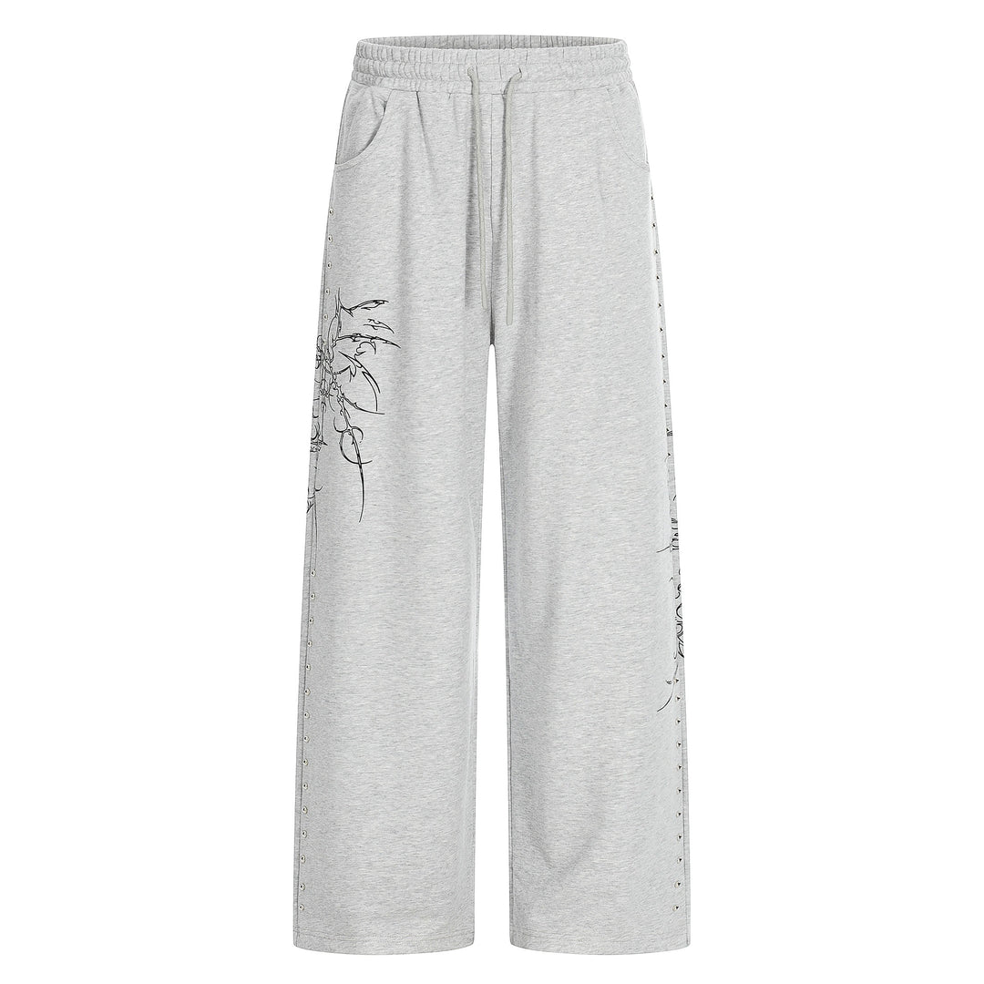 Women's Loose Sweatpants with Drawstring, Decorative Studs and Graphic Print Mune Fashion