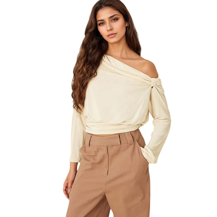Women’s asymmetric one-shoulder blouse shirt with knot detail and fitted hem