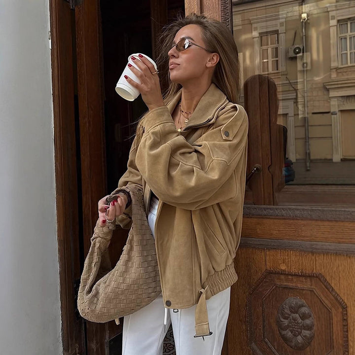 Women's Oversized Suede Leather Bomber Jacket with Epaulettes and Adjustable Waist Mune Fashion