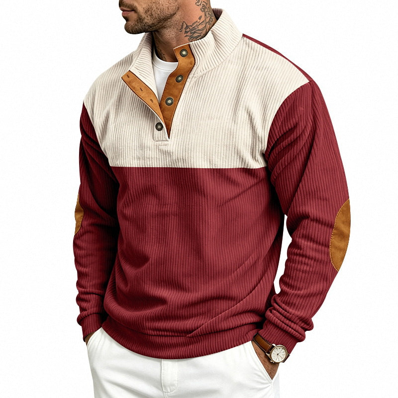 Men's Ribbed Stand-Up Collar Sweater with Button Placket, Contrast Trim and Elbow Patches Mune Fashion