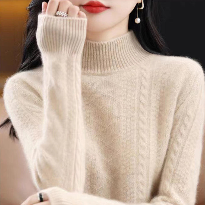 Women's Soft Mohair-Look Mockneck Sweater with Cable Pattern and Fine Ribbed Collar Mune Fashion