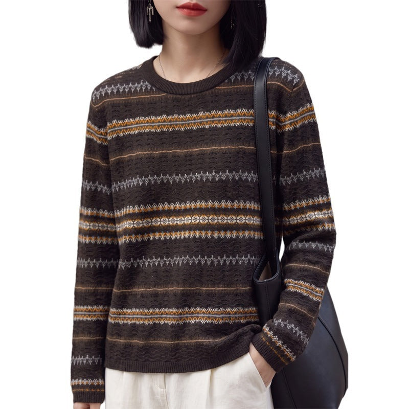 Women Light Fair-Isle Fine Knit Sweater with Round Neck and Fine Stripe Structure Mune Fashion