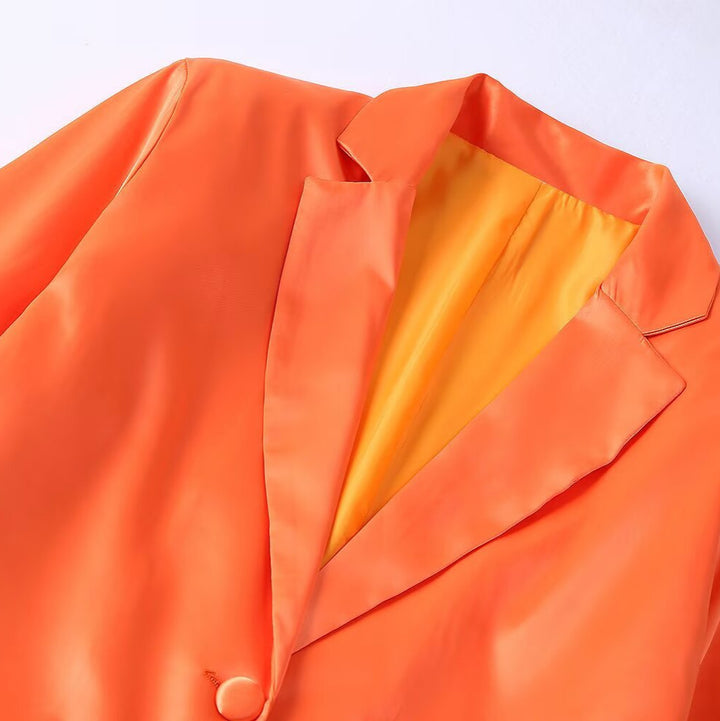 Women's Satin One-Button Blazer with Feather Trim on Sleeves Mune Fashion