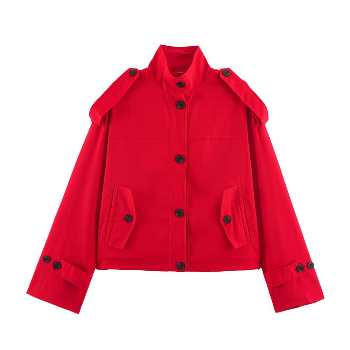 Women's short utility-style jacket with stand-up collar and shoulder patches Mune Fashion