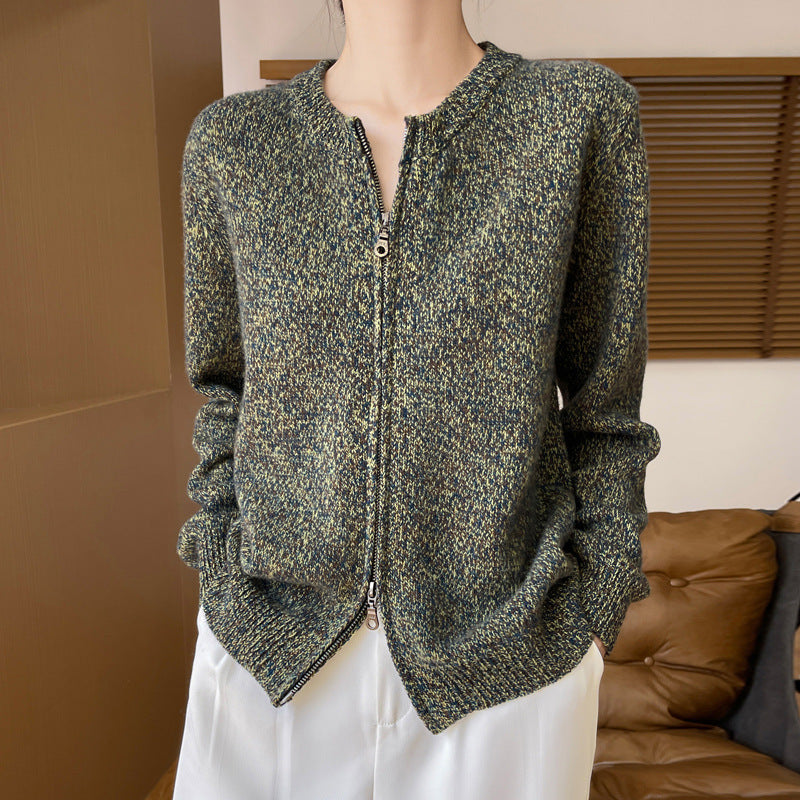 Women's Melange Zipper Cardigan with Two-Way Zipper and Ribbed Cuffs Mune Fashion