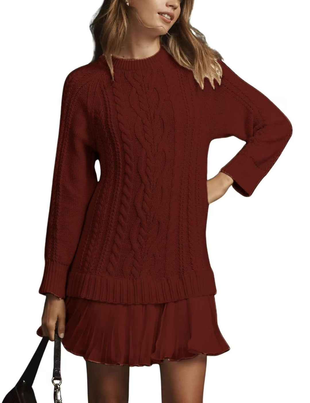 Women's cable knit sweater with tunic cut, cable pattern and ribbed cuffs Mune Fashion
