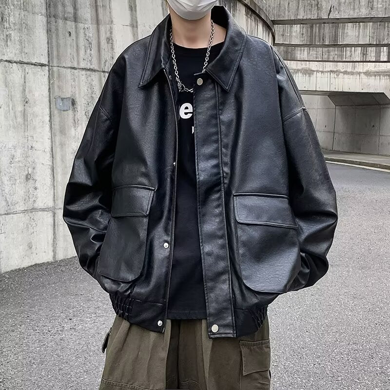 Men's Boxy Overshirt in Leather Look with Shirt Collar and Patch Breast Pockets Mune Fashion