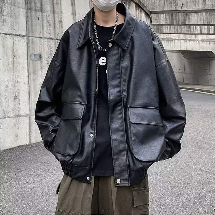Men's Boxy Overshirt in Leather Look with Shirt Collar and Patch Breast Pockets Mune Fashion