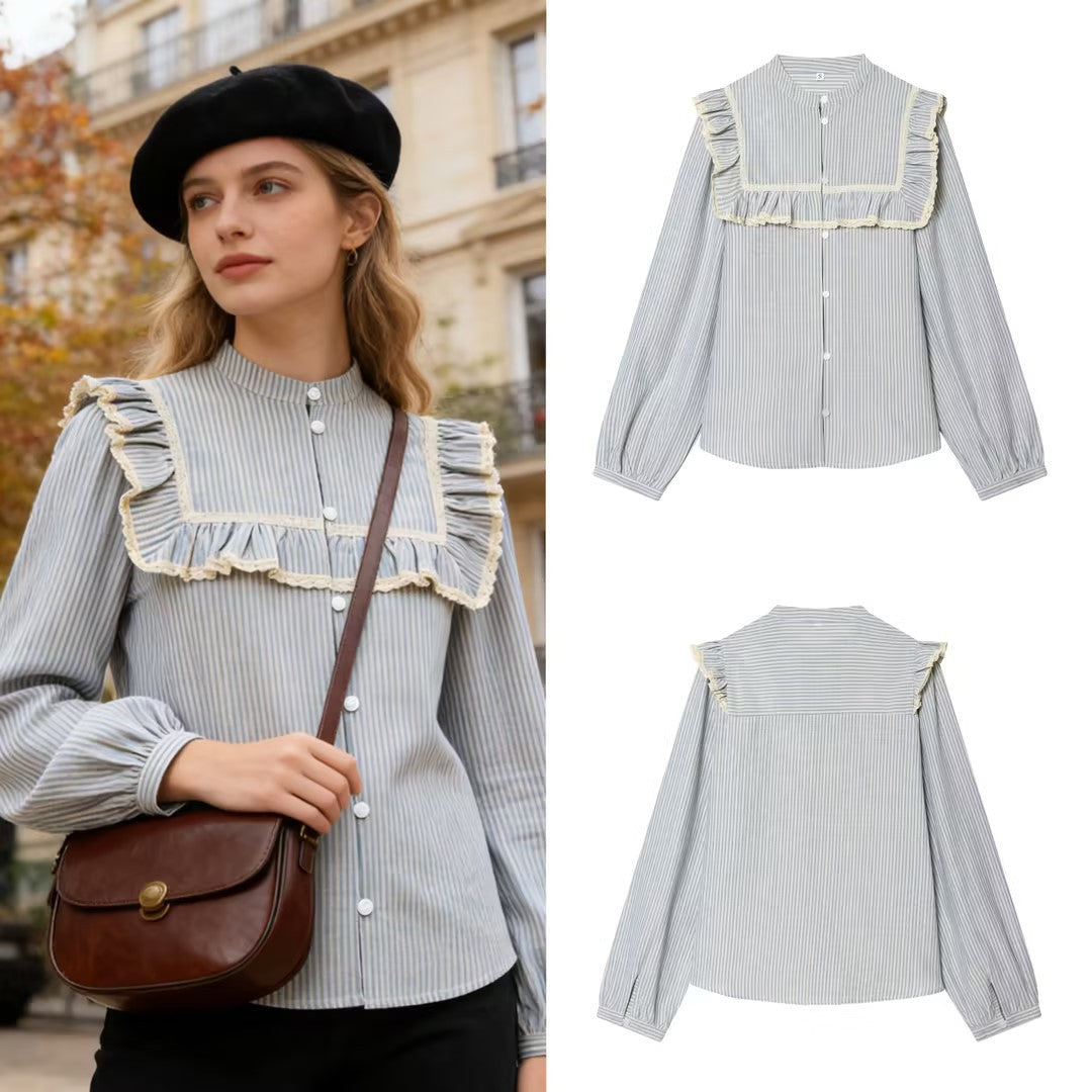 Women Striped Cotton Blouse with Square Bust Yoke, Ruffle and Lace Trim Mune Fashion