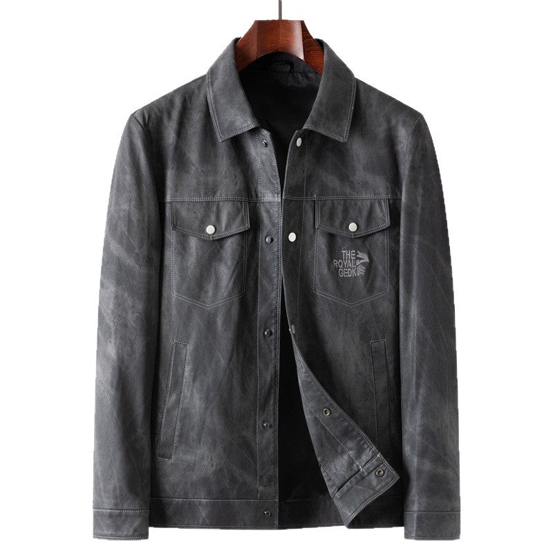 Men's Vintage Leather Look Trucker Jacket with Used Effect and Chest Flap Pockets Mune Fashion