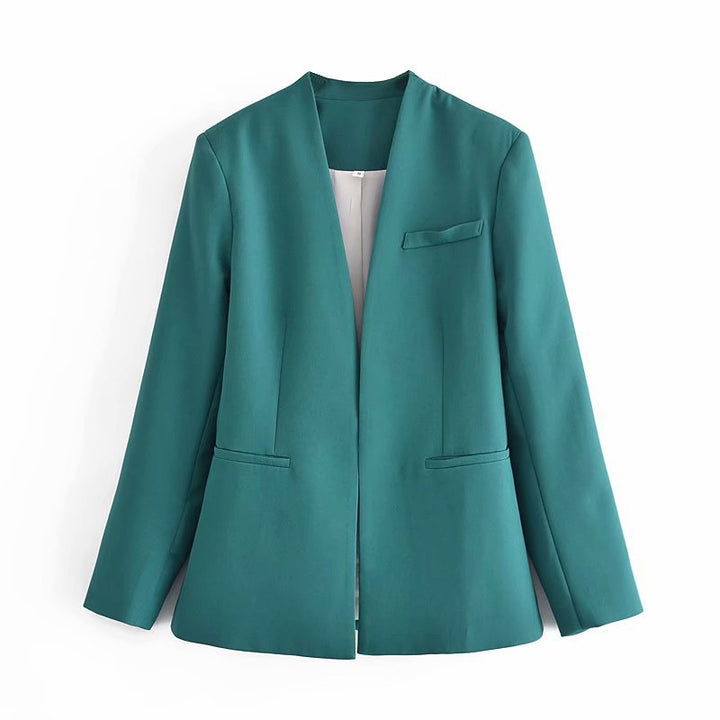 Women Tailored Blazer without Lapels with Open Front and Welt Pockets Mune Fashion