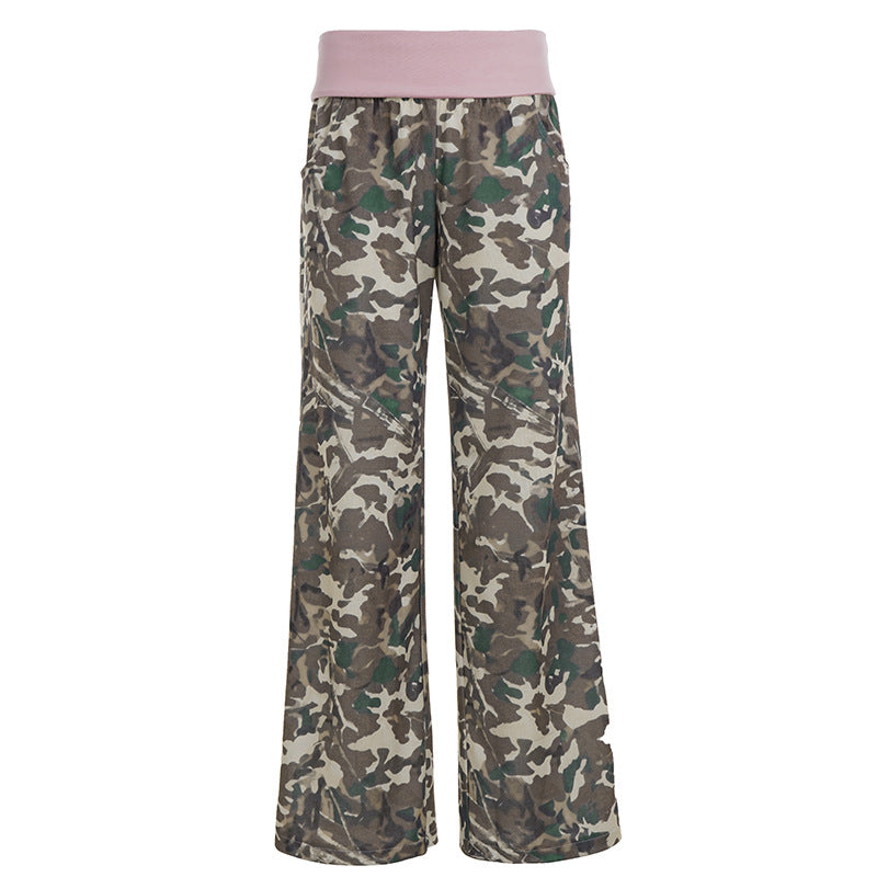 Women's wide lounge pants with foldover waistband, camouflage pattern and elastic comfort stretch Mune Fashion