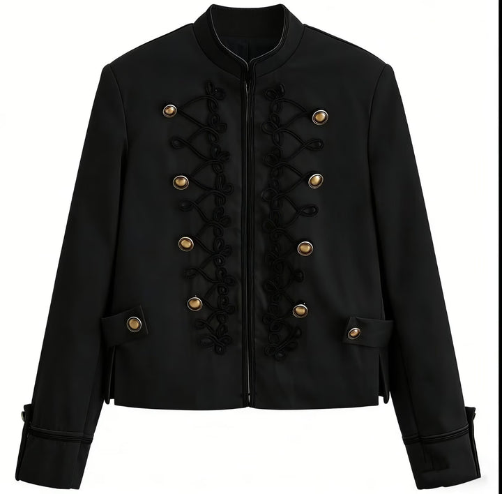 Women's Short Military-Style Jacket with Stand-Up Collar and Decorative Cord Mune Fashion