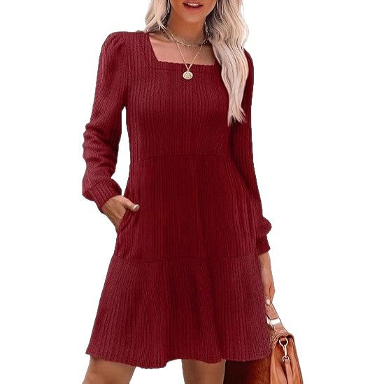 Women's Knitted A-Line Mini Dress with Square Neckline, Tiered Skirt and Pockets Drune
