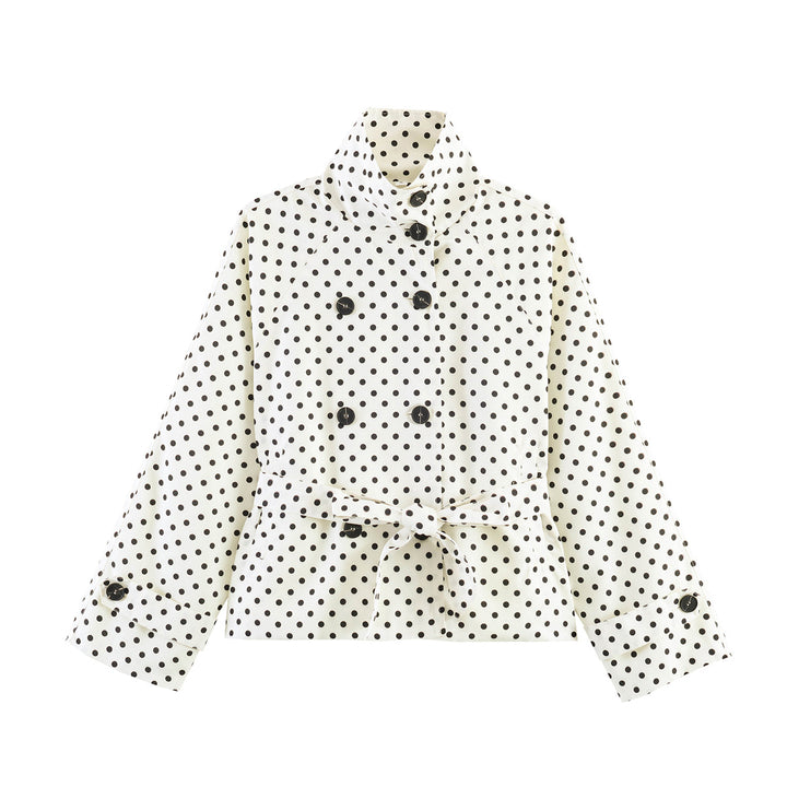 Women tailored short trench coat with stand-up collar, waist belt and double-breasted button placket Mune Fashion