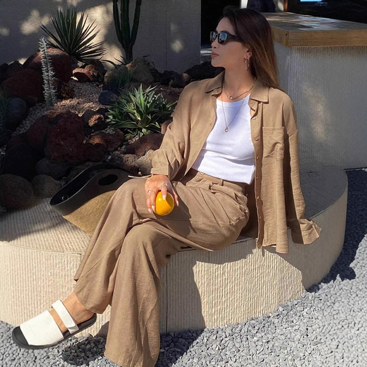 Women's relaxed linen lounge set with oversized shirt and drawstring palazzo pants Mune Fashion