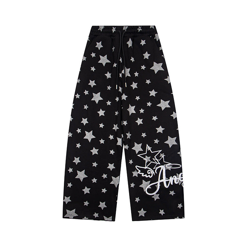 Women's extra wide palazzo lounge pants made of French terry with comfort waistband, drawstring, and all-over star print