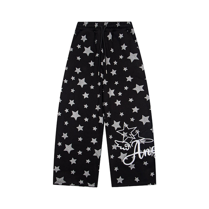 Women's extra wide palazzo lounge pants made of French terry with comfort waistband, drawstring, and all-over star print