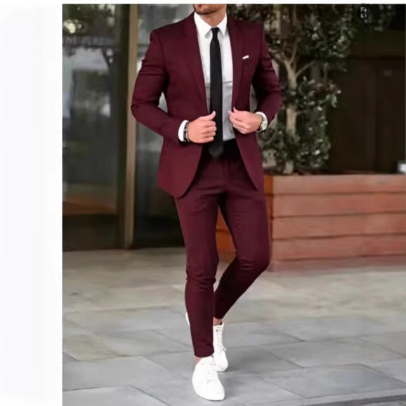 Men's fitted suit set made of lightweight stretch twill with single-button blazer and flat-front trousers Mune Fashion