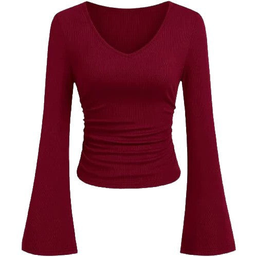 Women's Ribbed Crop Top with V-Neck, Tailored Gathering and Flared Trumpet Sleeves Mune Fashion