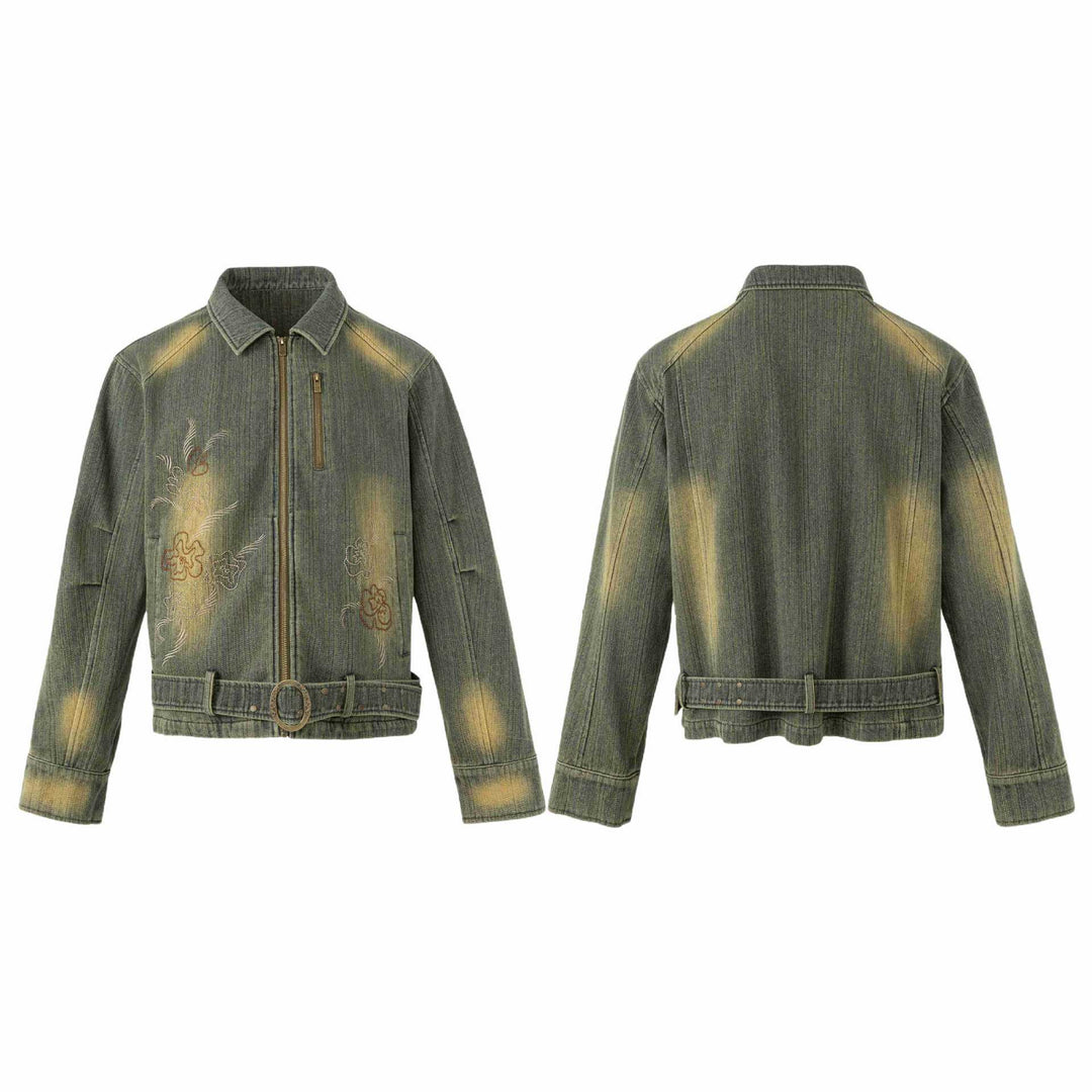 Women's Embroidered Short Denim Blouson Jacket with Waist Belt and Zipper Mune Fashion