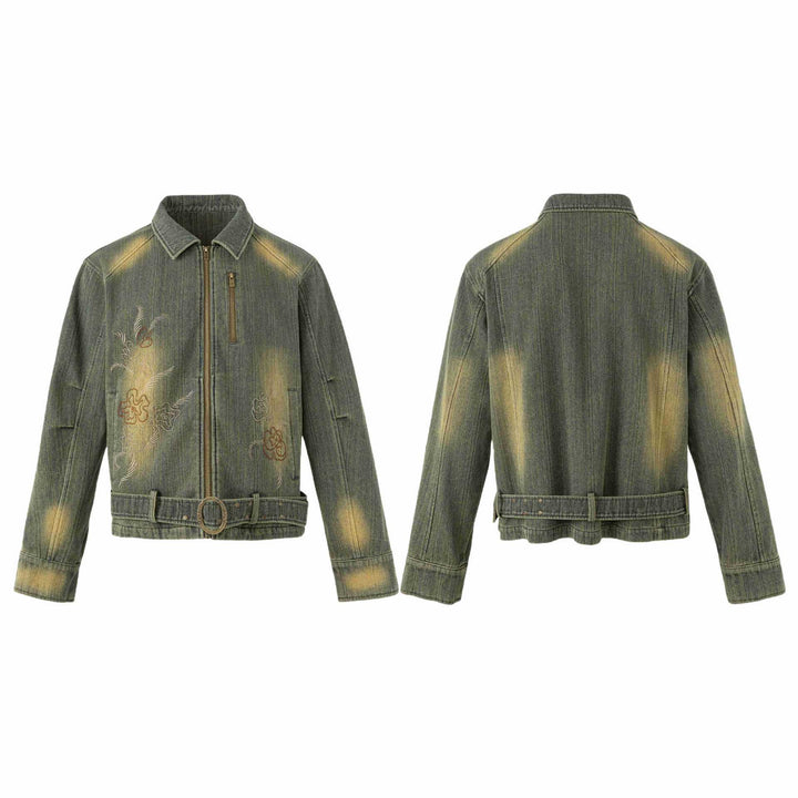 Women's Embroidered Short Denim Blouson Jacket with Waist Belt and Zipper Mune Fashion