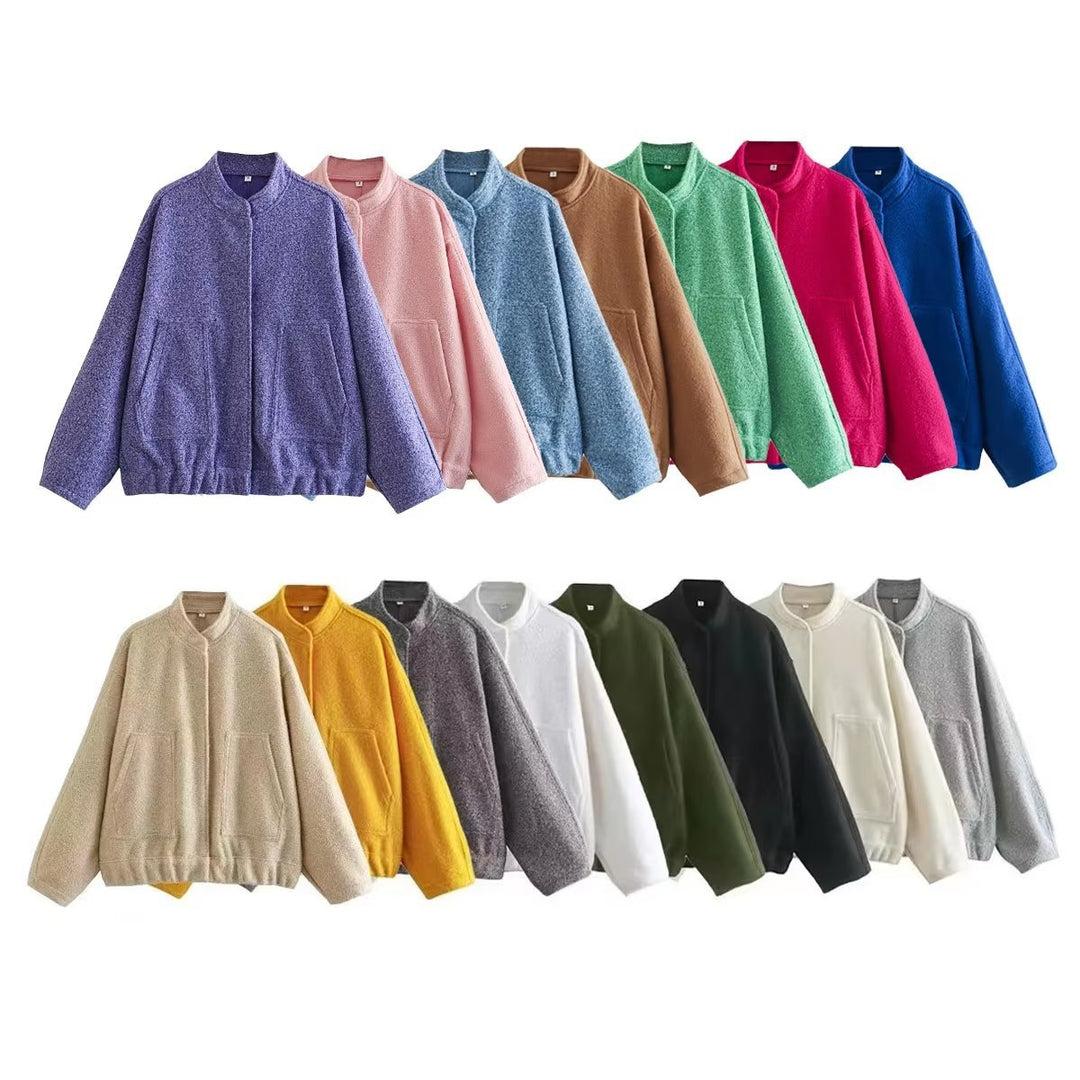 Women’s nan boxy wool blend blouson with stand-up collar, concealed front placket, side pockets and elastic hem Mune Fashion