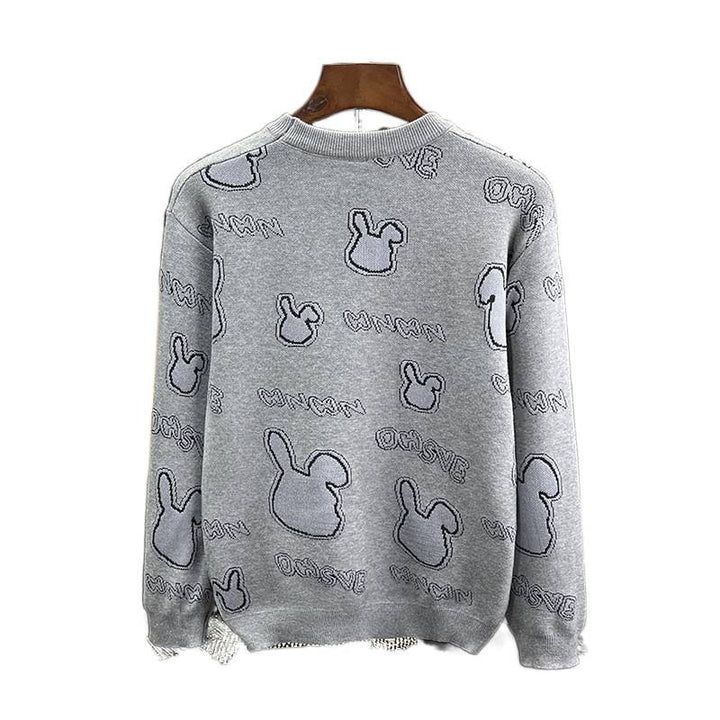Unisex fine knit pullover with discreet jacquard rabbit relief and round neck Mune Fashion