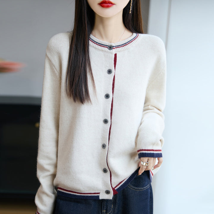Women's Loose Fine Knit Cardigan with Contrast Stripes on Collar and Cuffs Mune Fashion