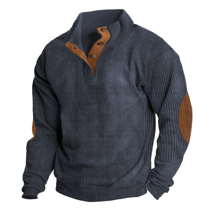 Men's ribbed knit pullover with stand-up collar, button placket and distinctive elbow patches Mune Fashion
