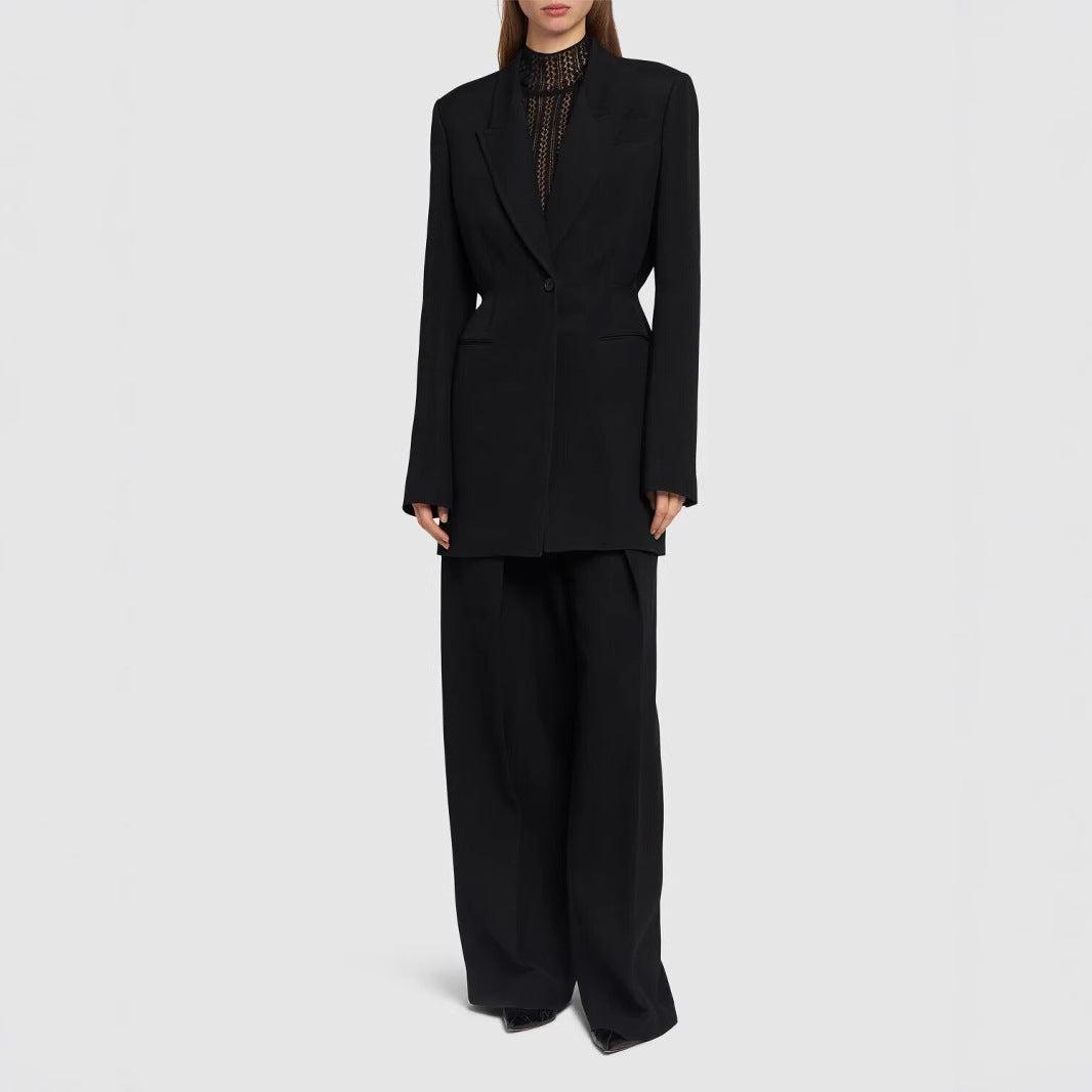 Women Single-Breasted Long Blazer with Tailored Silhouette and Wide Palazzo Pants Mune Fashion