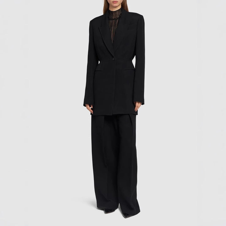 Women Single-Breasted Long Blazer with Tailored Silhouette and Wide Palazzo Pants Mune Fashion