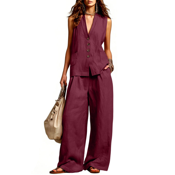 Women's Sleeveless Longline Waistcoat and Palazzo Pants Set in Linen Look Mune Fashion