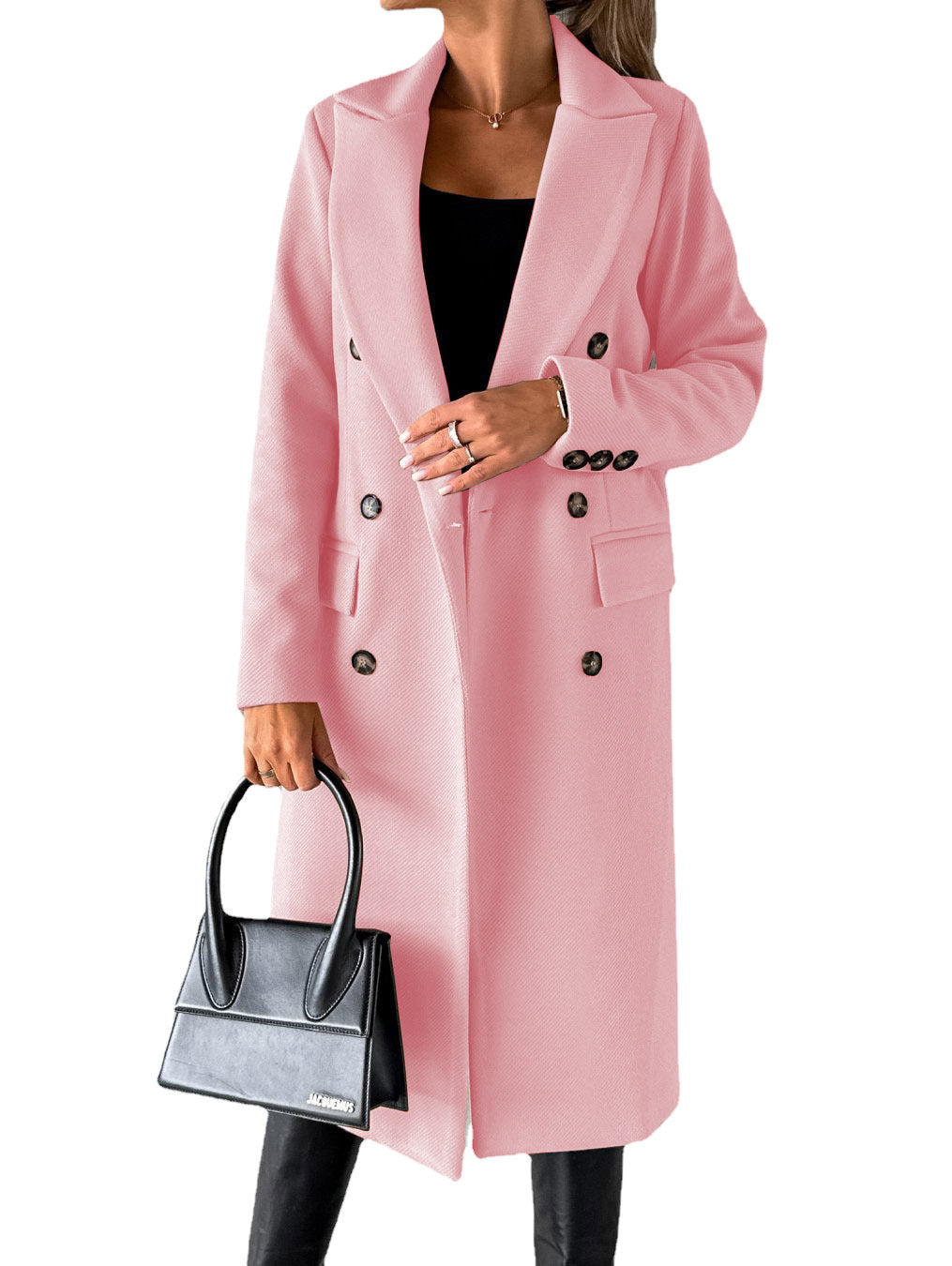 Women's classic long double-breasted coat with collar and flap pockets Mune Fashion