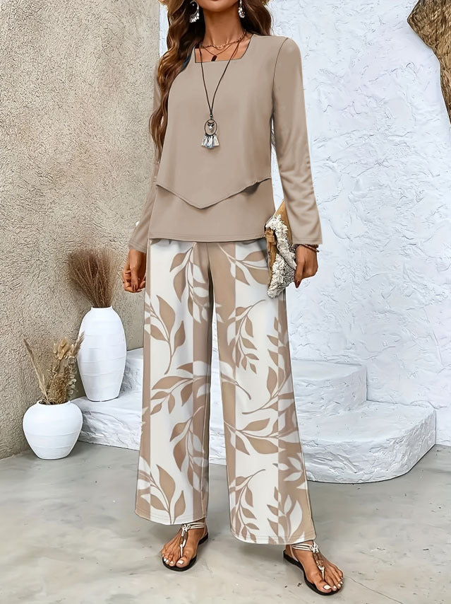 Ladies Two-Piece Lounge Set with Overlapping Long Sleeve and Wide Palazzo Pants Mune Fashion