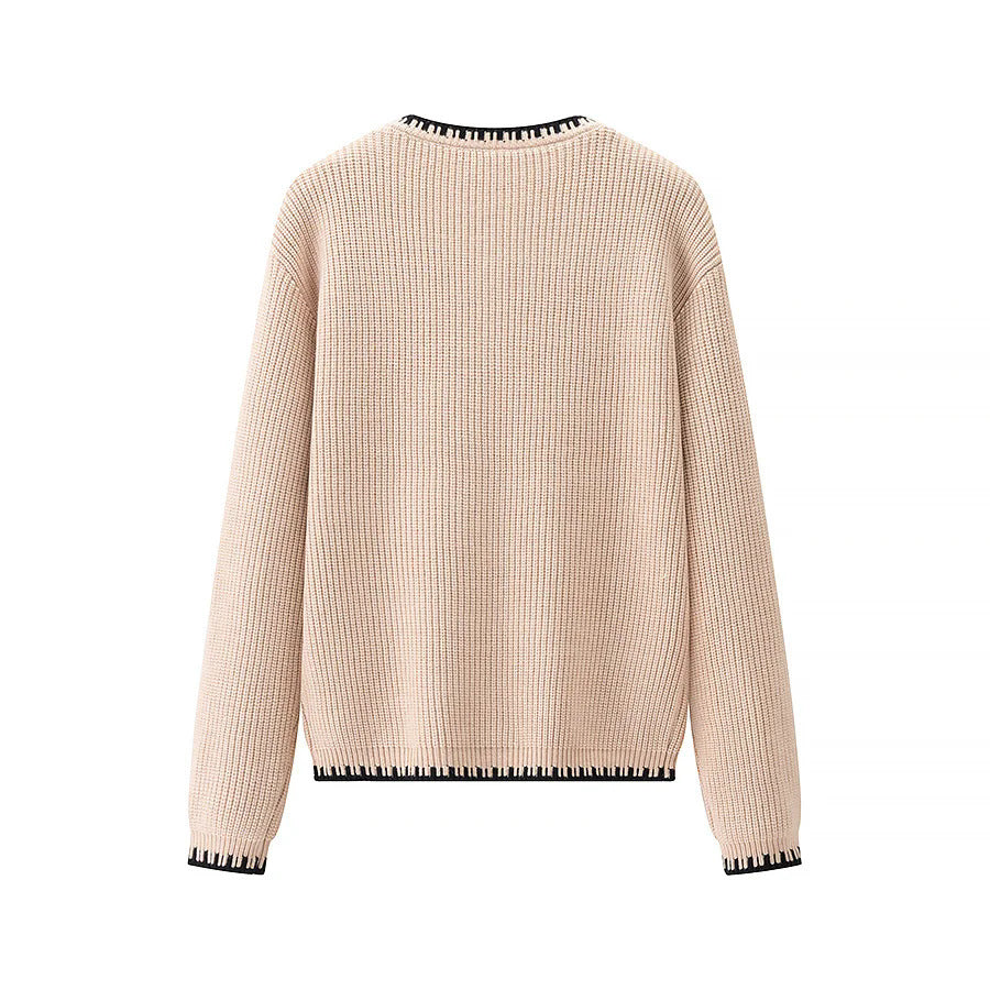 Ladies nan ribbed cardigan with round neck, contrasting piping and continuous button placket Mune Fashion