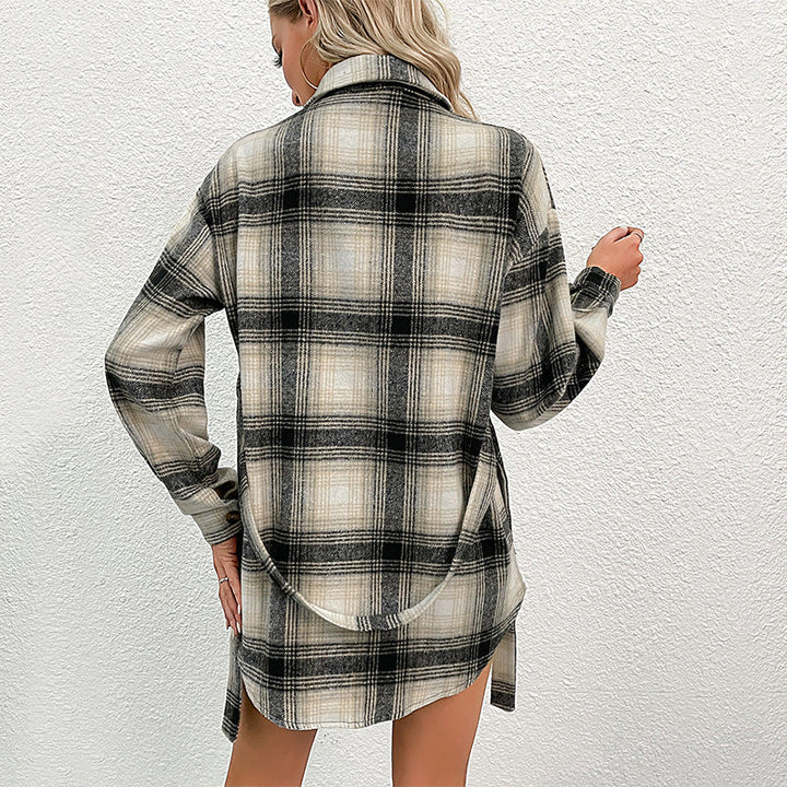 Women Checked Longline Shirt Coat with Button Placket and Waist Belt Mune Fashion