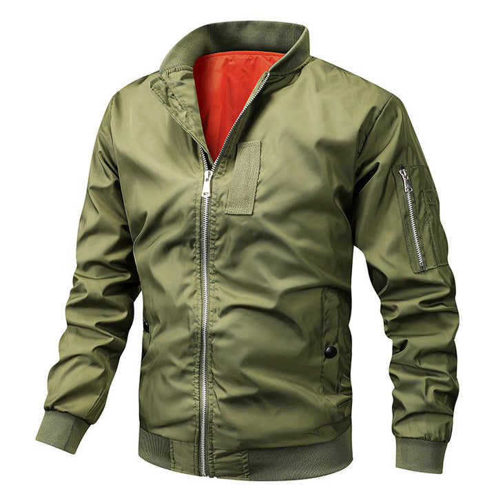 Men's classic pilot bomber jacket with contrasting inner lining, sleeve zippered pocket, and elastic cuffs.