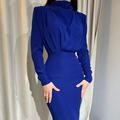 Ladies nan elegant midi dress with draped waterfall front, tailored pencil silhouette and long sleeves Mune Fashion