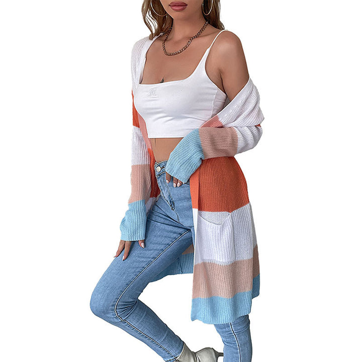 Women's Longline Fine Knit Cardigan with Colorful Block Stripes and Side Pockets Mune Fashion