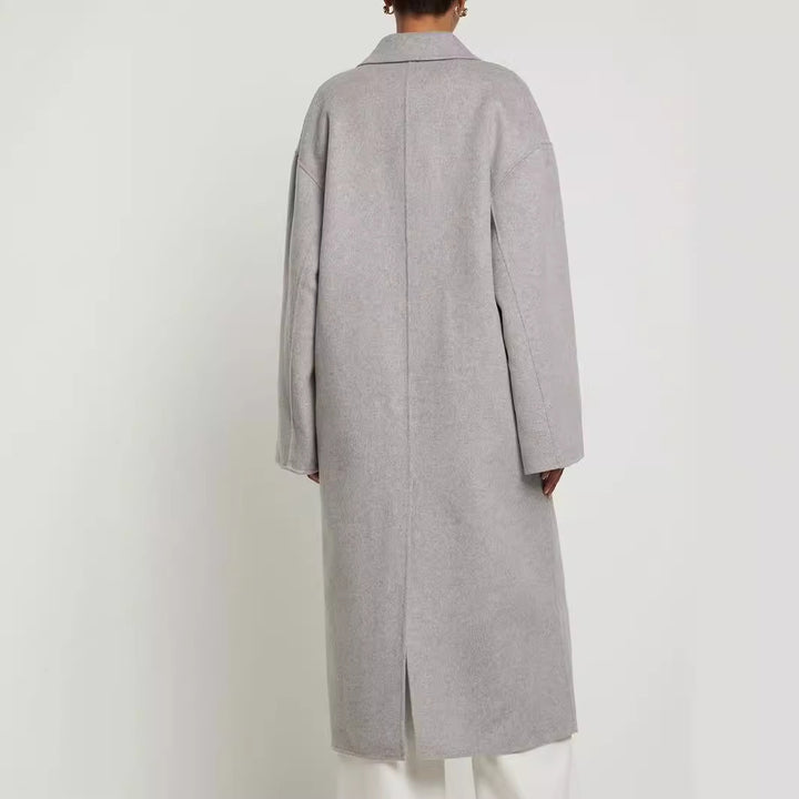 Women Oversize Double-breasted Long Coat with Dropped Shoulder Silhouette and Gold Decorative Buttons Mune Fashion