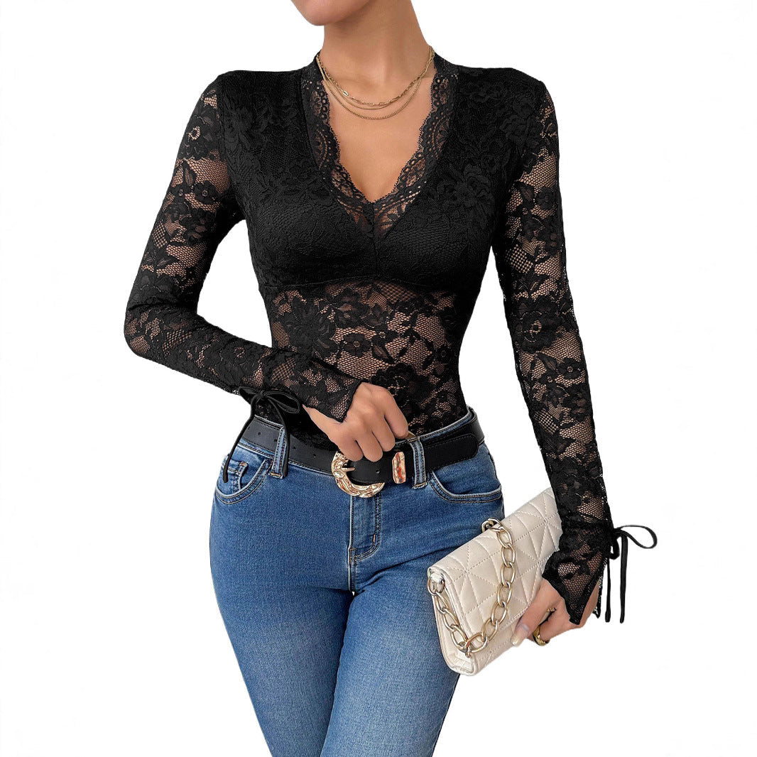 Women's figure-hugging lace bodysuit with V-neck, transparent floral lace and sleeve ties Mune Fashion