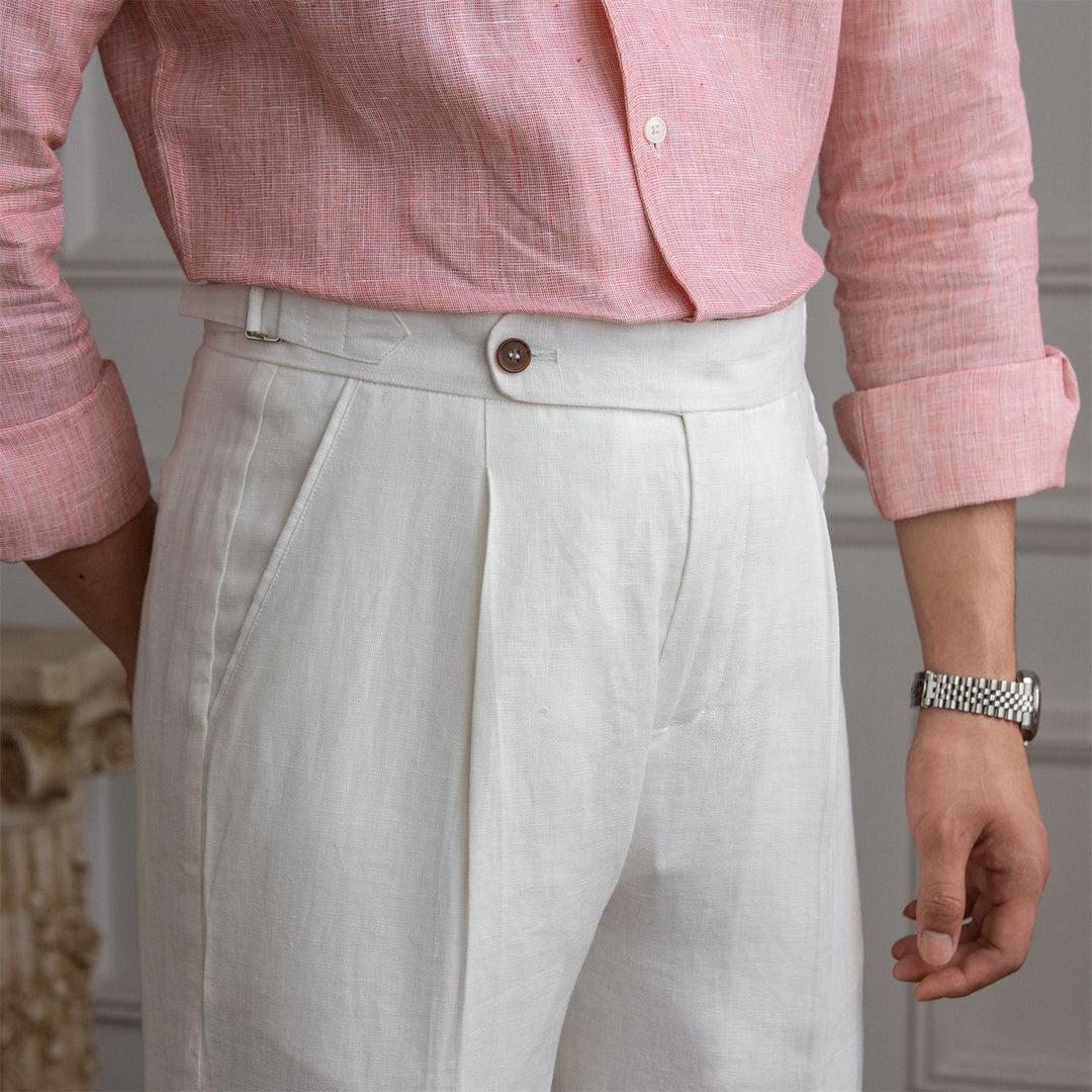 Men's linen pants with high waist, pleats and adjustable side tab Mune Fashion