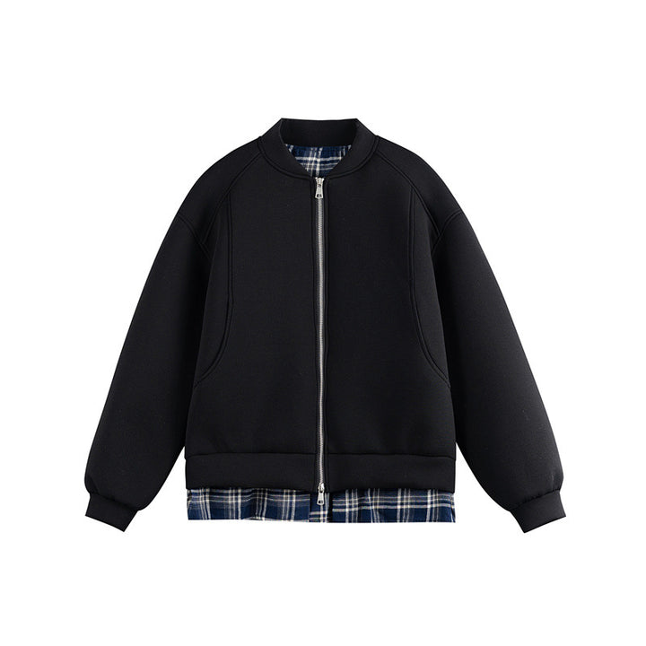 Women Two-in-One Bomber Sweat Jacket with Check Layer Insert and Stand Collar Mune Fashion