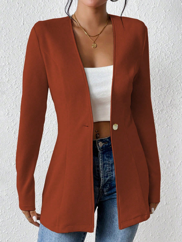 Ladies Tailored Long Blazer with V-Neck and One-Button Closure Mune Fashion