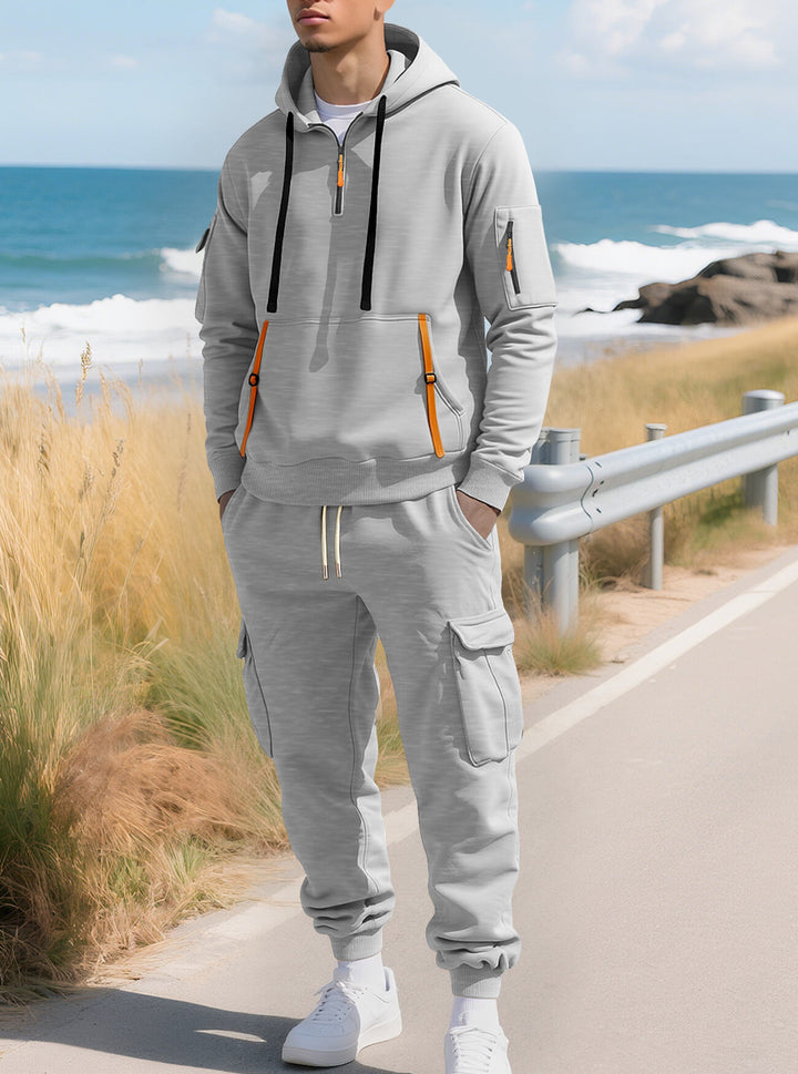 Men's casual half-zip hoodie with kangaroo pocket and cargo jogging pants with zipper details Mune Fashion